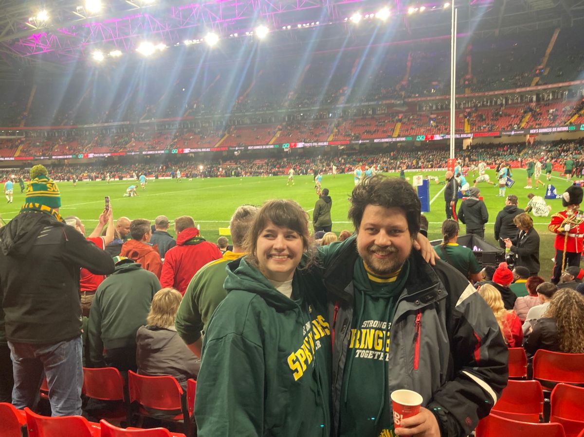 Rowan and Douglas in a stadium in Wales